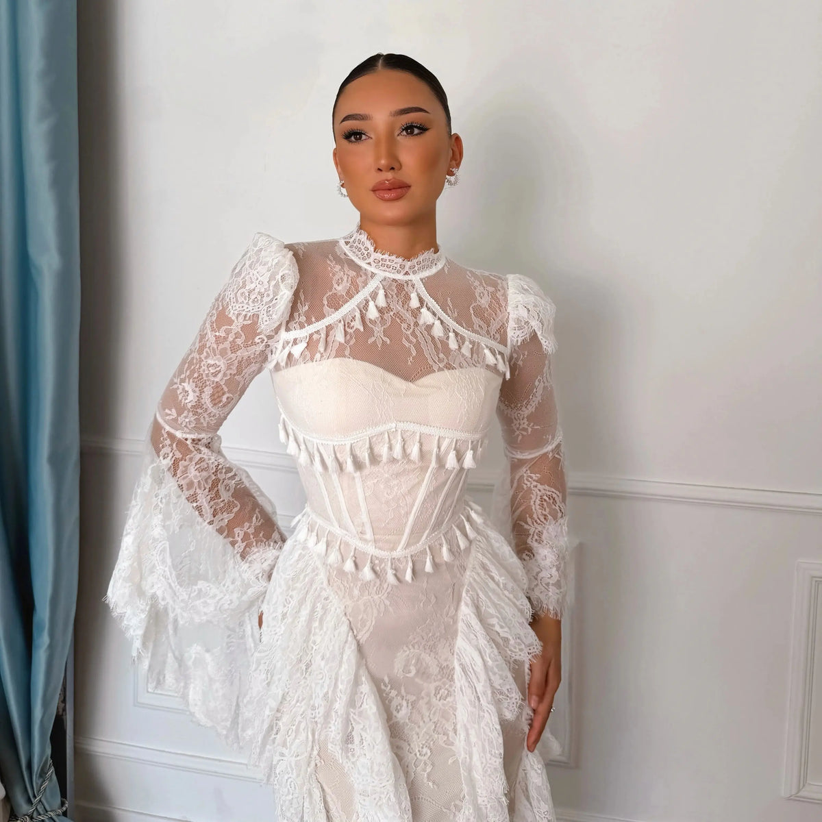 Maxi Dress – High Neck Lace Long Sleeve – Lace – White | KIMLUD