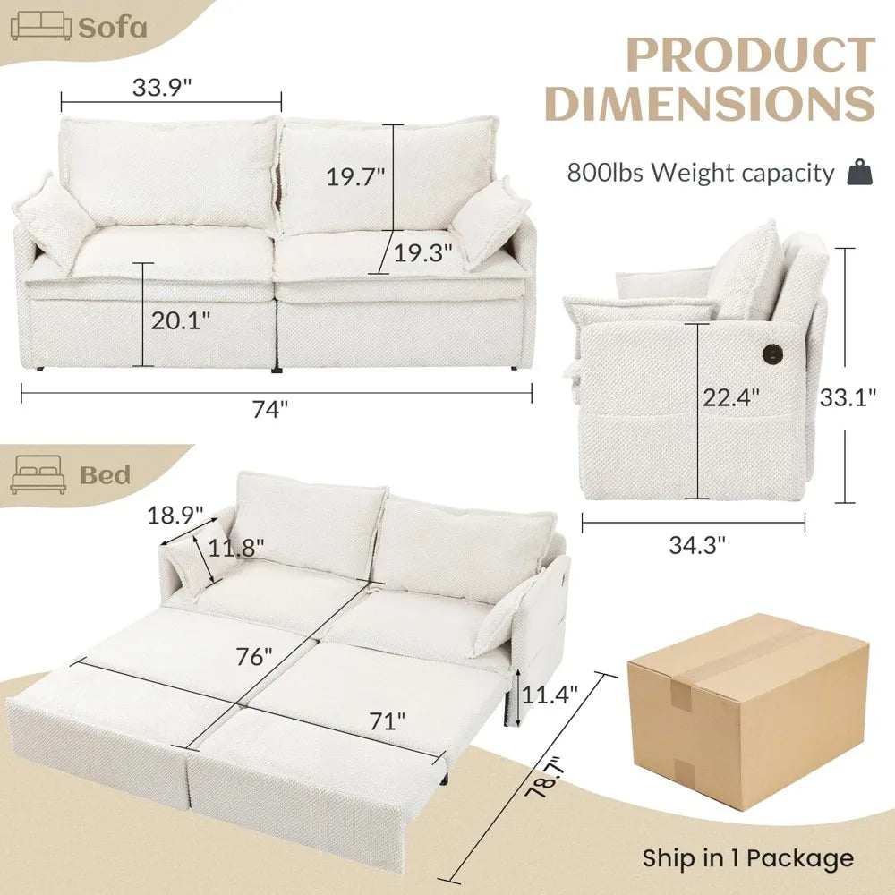 74" King Pull Out Sofa Bed - Convertible Sleeper Sofa Bed, Space Saving Corduroy Loveseat Chaise Lounge with USB Charging, Side