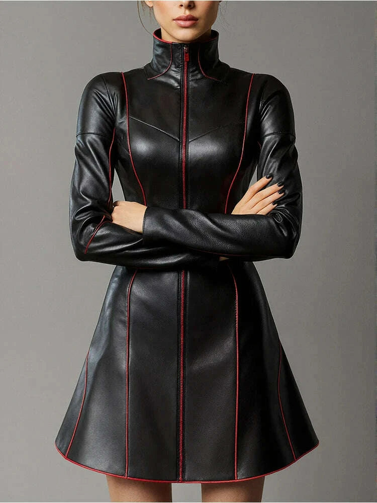 KIMLUD, Women Pleated A-Line PU Leather Dress Long Sleeve Grunge Vintage Casual High Street Turtleneck Long Sleeve Mini Dresses 2025, KIMLUD Womens Clothes