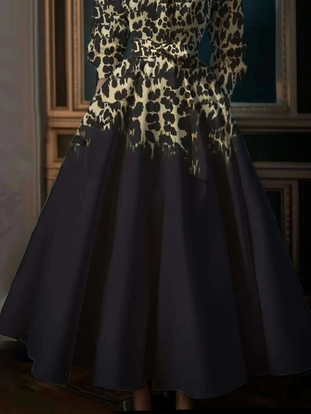 KIMLUD, Retro Boho Leopard Pattern Casual Dress for Women High Street Style Standing Collar Loose Swing Shirt Dress in Big Sizes, KIMLUD Womens Clothes