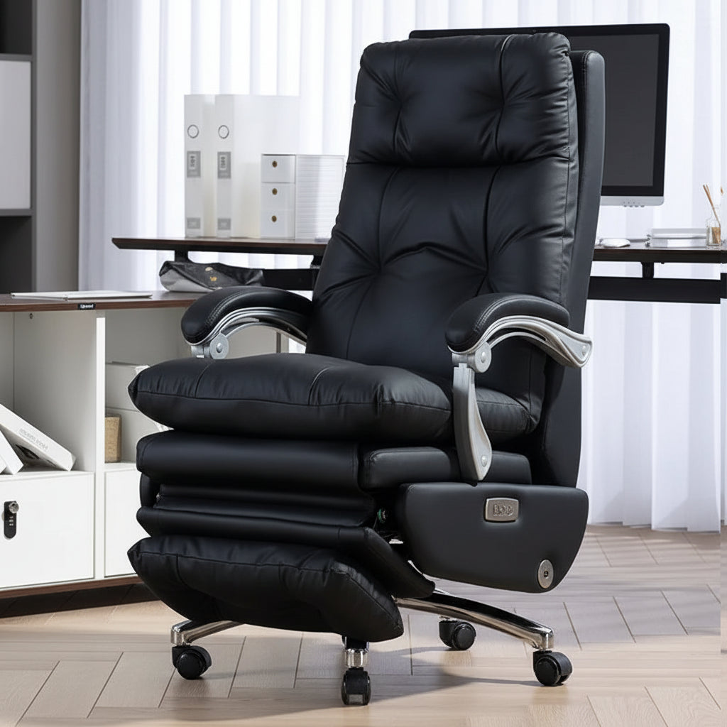 Black leather office chair with reclining features in a room setting