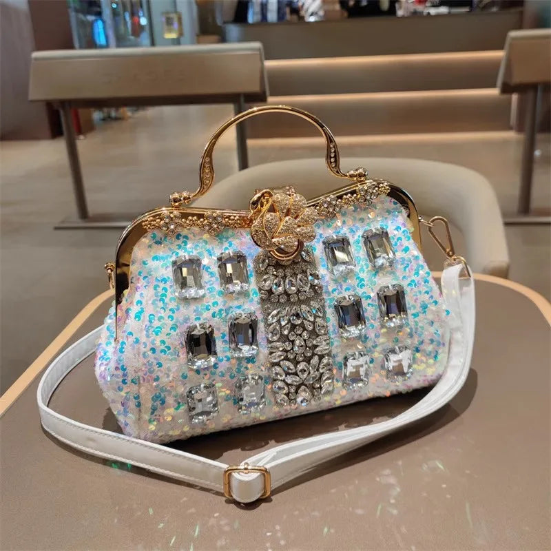 Leather Crystal Sequin Buckle Handbag — Black | KIMLUD
