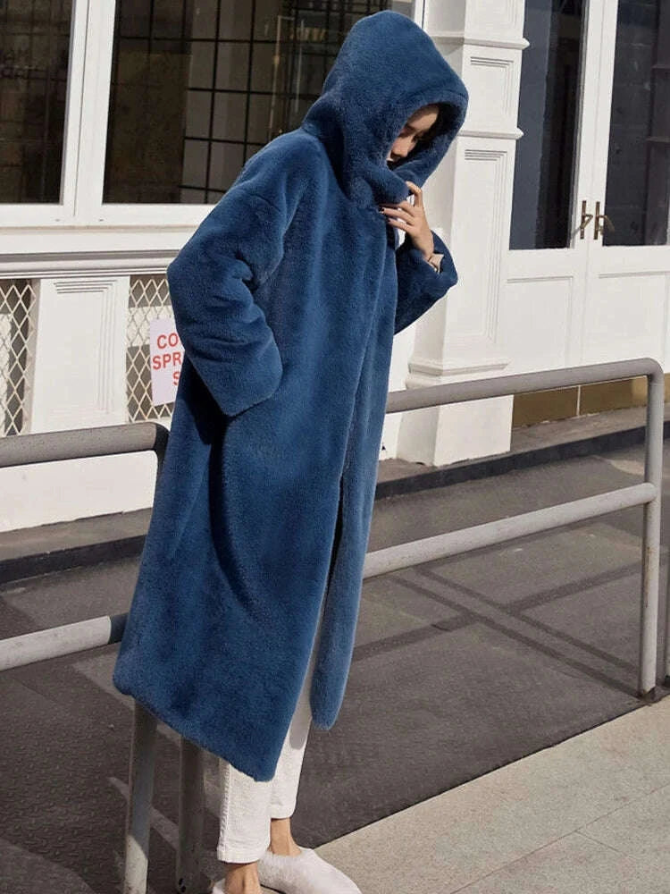KIMLUD, 2024 New Winter Hooded Women Faux Fur Coat Ladies Thick Warm Long Fur Jacket Soft Tedy Female Loose Faux Fur Coats Outwear Parka, KIMLUD Womens Clothes