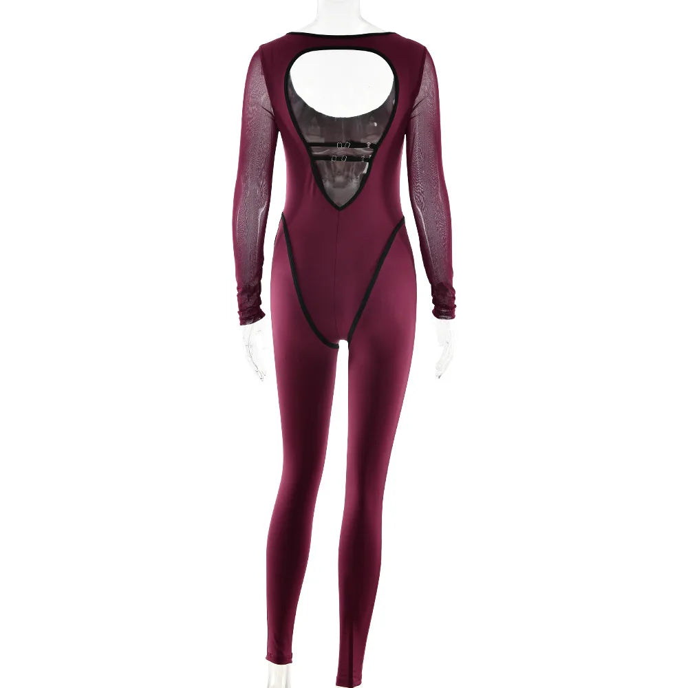 Jumpsuit – Backless Long Sleeve – Polyester Knit – Striped Skinny | KIMLUD