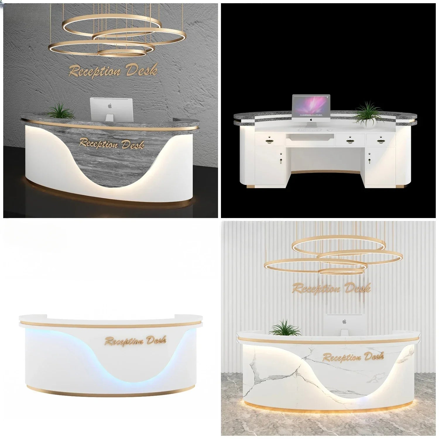 Marble Front Desk Reception Table Brass-Gold Trim — White | KIMLUD