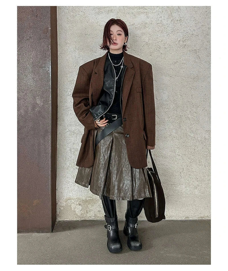 KIMLUD, Women's Boots Half High Square Toe Footwear Brown Biker Shoes For Woman Mid Calf Middle Heel Comfortable And Low Price Pu Goth, KIMLUD Womens Clothes