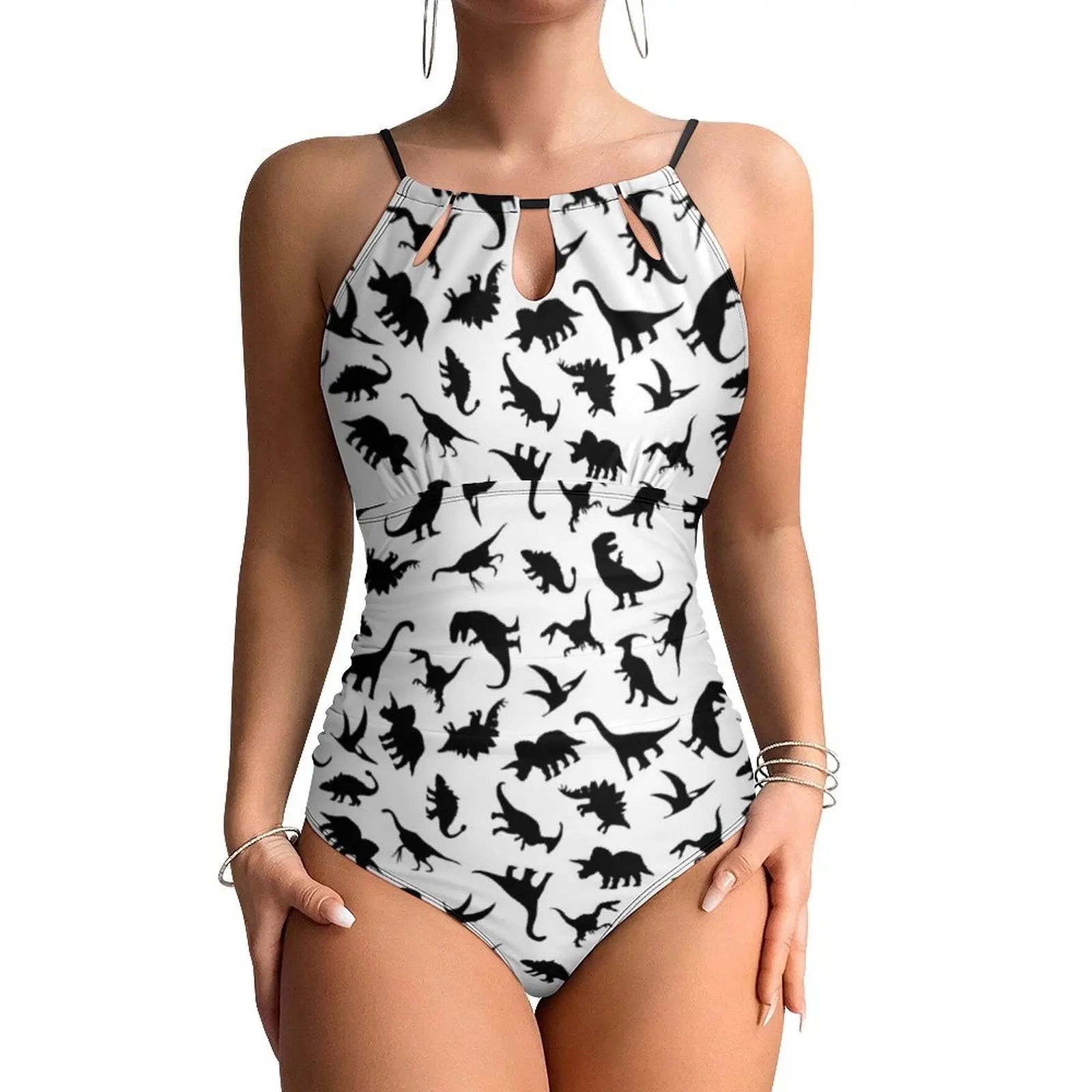 Halter One-Piece Swimsuit With Botanical Dinosaurs Print — Pastel Green | KIMLUD