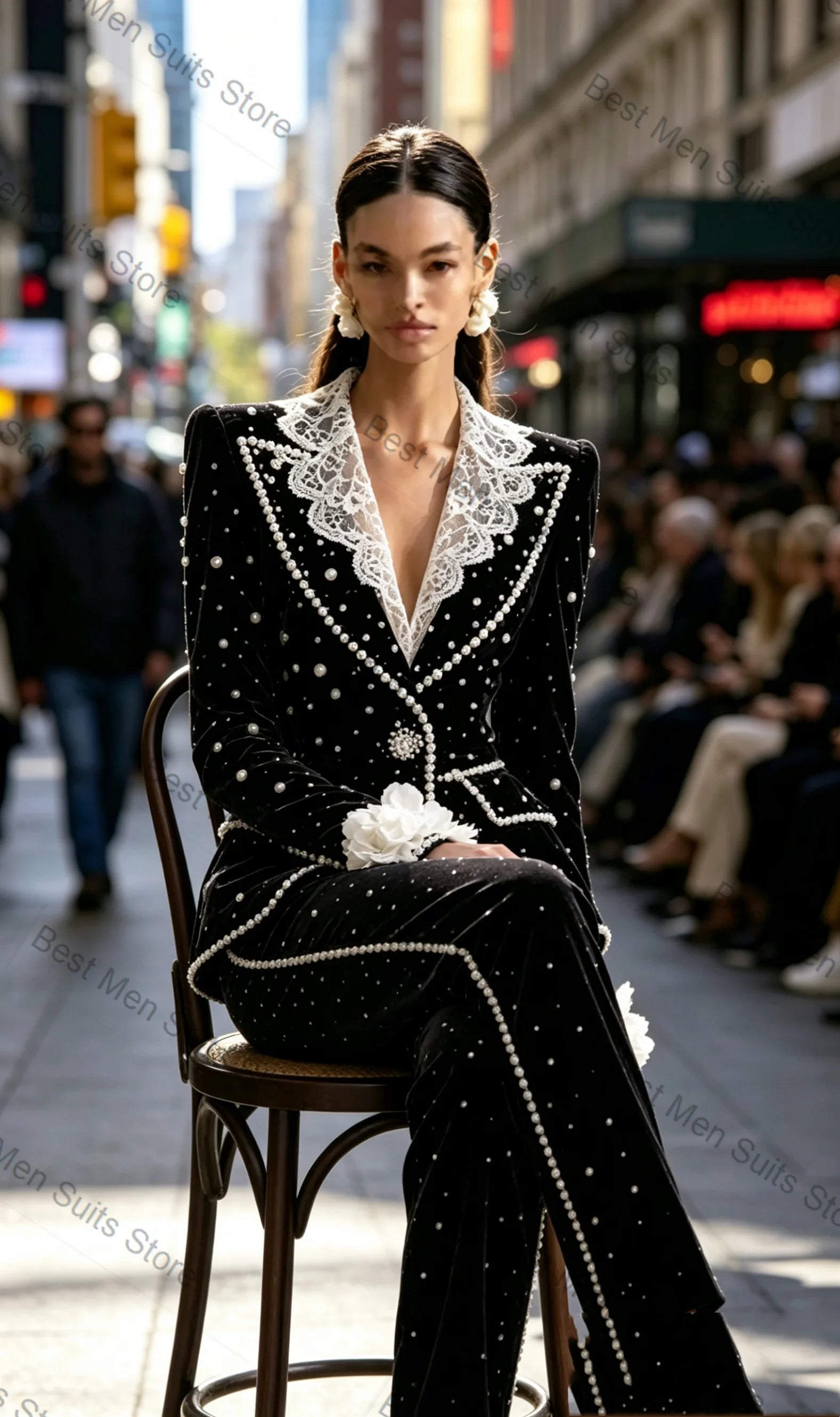 Velvet Pearl Embellished Two-Piece Suit — Black | KIMLUD