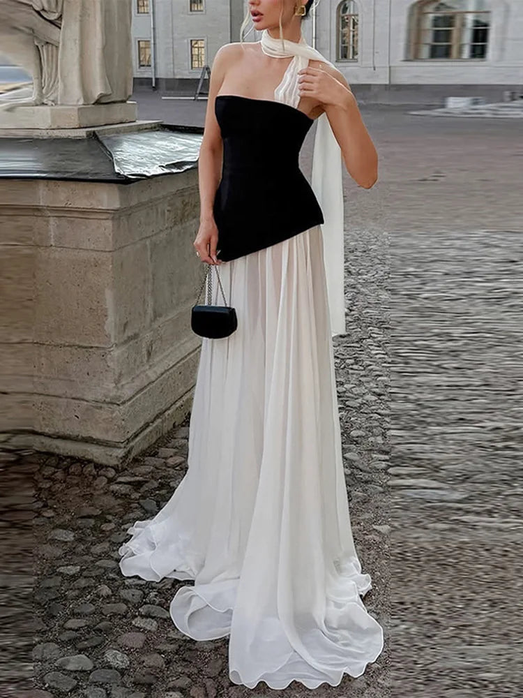 Elegant Color Blocking Ribbon Long Dress Fashion Off Shoulder High Waist Slim Patchwork Ruff Maxi Robes Lady Evening Party Dress