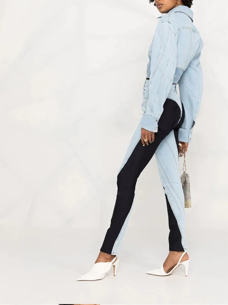 Patchwork Colorblock Women's Jeans High Waist Slim Casual Straight Denim Pencil Pants Female Fashion