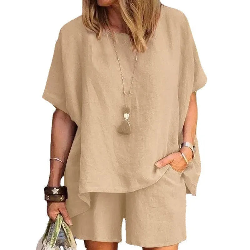 Cotton-Linen Two-Piece Set Plus Size Relaxed-Fit Short-Sleeve Top And Shorts — Steel-Blue | KIMLUD