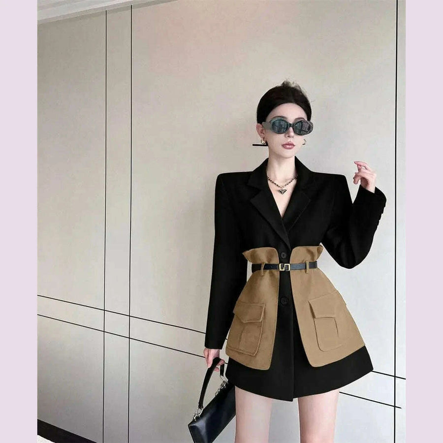 Original Design Blazer Women Fashion New Loose Spliced Pocket Korean Shrug Notched Single Breasted Blazer Mujer Femal with Belt