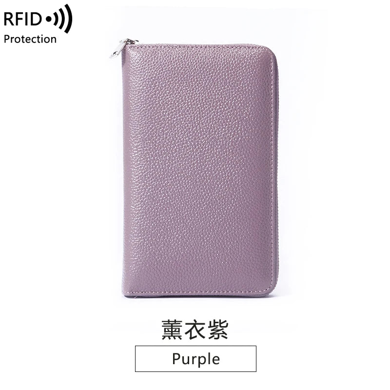 RFID Anti-Theft Cowhide Leather Wallet — Long Passbook Card Slots Black | KIMLUD