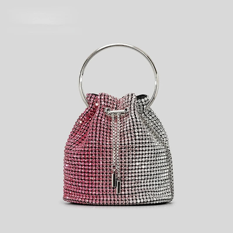 Crystal Tassel Evening Clutch Round Handle — Pink-Silver Gradient | KIMLUD