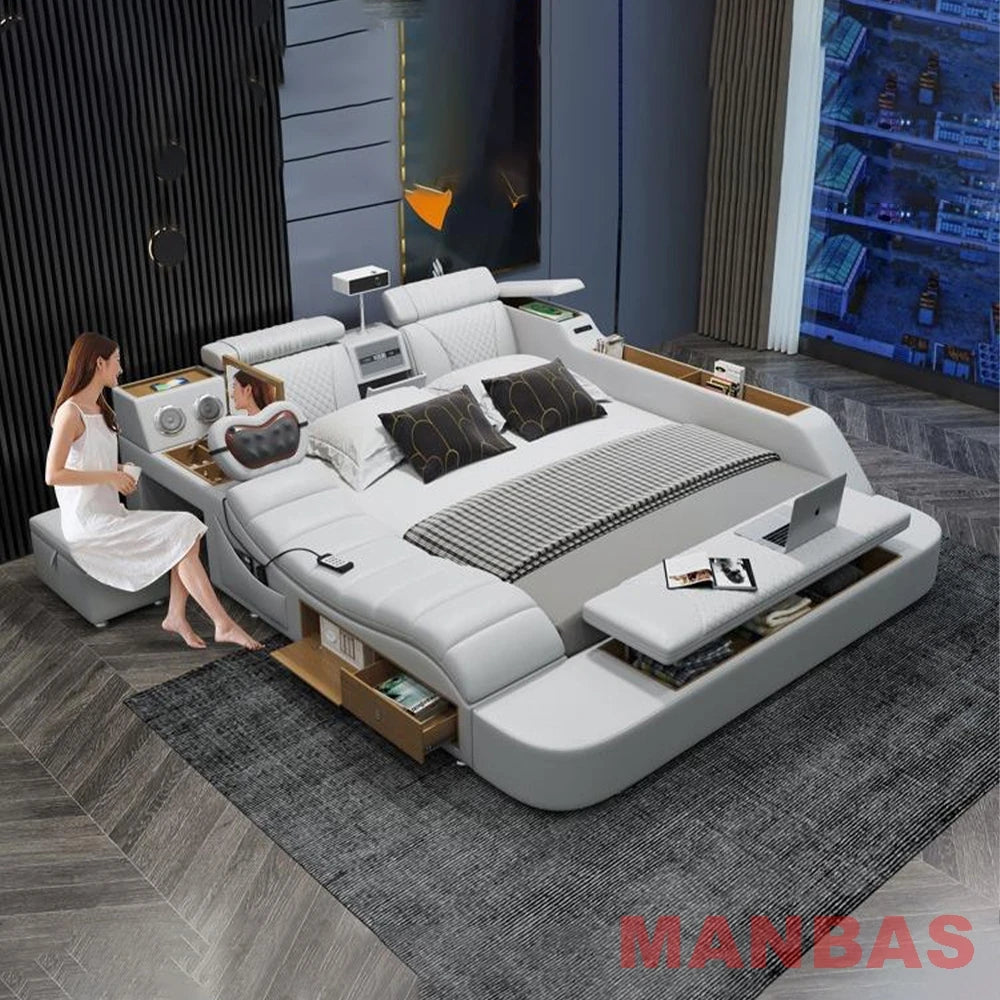 Genuine Leather Bed With Projector USB Speaker — White | KIMLUD