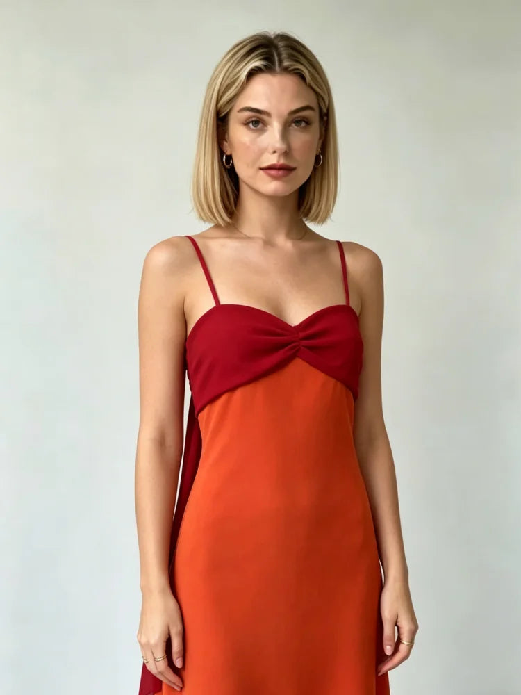 Color Blocking Sling Dress Scarf Collar — Orange Burgundy | KIMLUD
