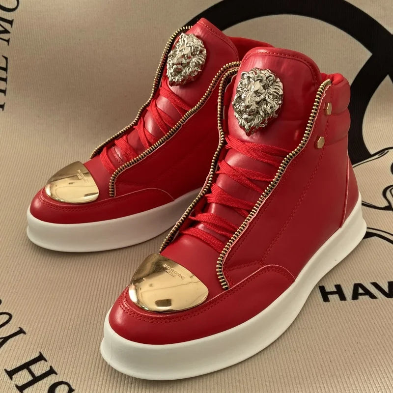 Artificial Leather Sneakers Lion Head Crest Embellishment Patchwork Texture — Crimson Red | KIMLUD