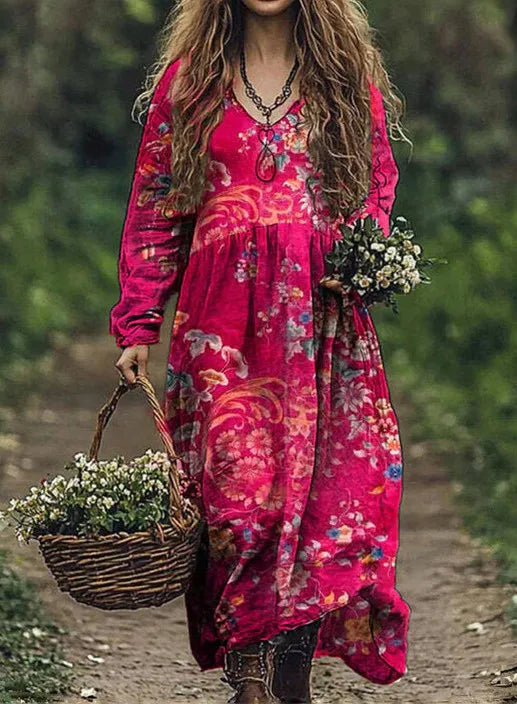 Boho Vintage Print Long Dresses For Women 2025 Casual V Neck Full Sleeve Splice High Waist Loose Dress Autumn Fashion Vestidos