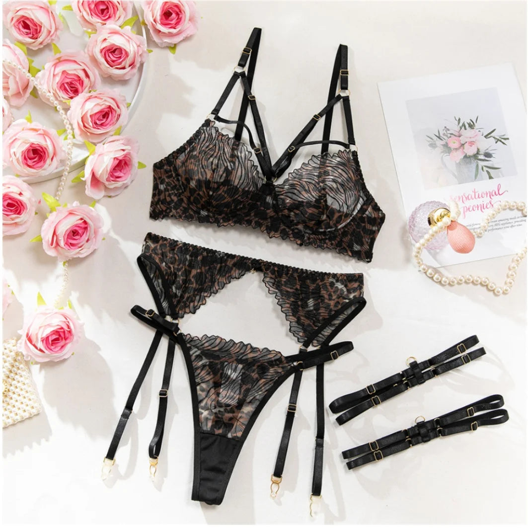 Krasapt Fancy Leopard Embroidery Lingerie 4 Pcs Sets Sexy Mesh See Through Bras And Thongs Garter Suits Erotic Intimate Outfit