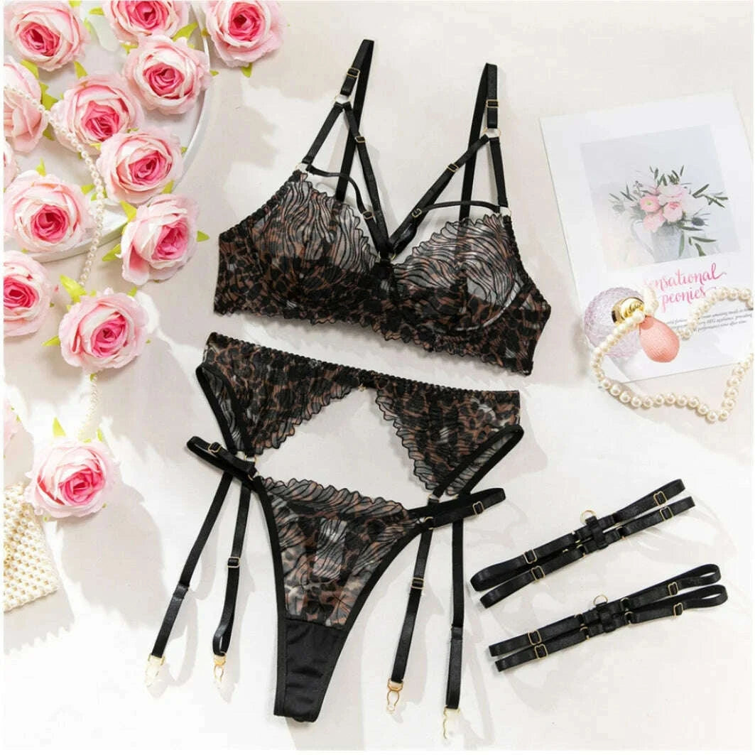 KIMLUD, Krasapt Fancy Leopard Embroidery Lingerie 4 Pcs Sets Sexy Mesh See Through Bras And Thongs Garter Suits Erotic Intimate Outfit, KIMLUD Womens Clothes