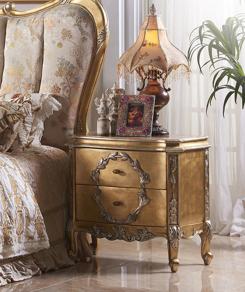 French Rococo Design Home Bedroom Gold Leaf Carving King Size Bed European Classic Luxury Golden Wooden Bedroom Furniture