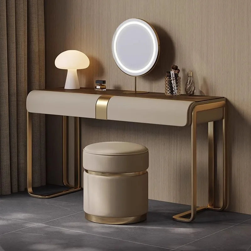 European Minimalist Dressing Table Mirror With LED Ring And Five Drawers — Champagne Beige | KIMLUD