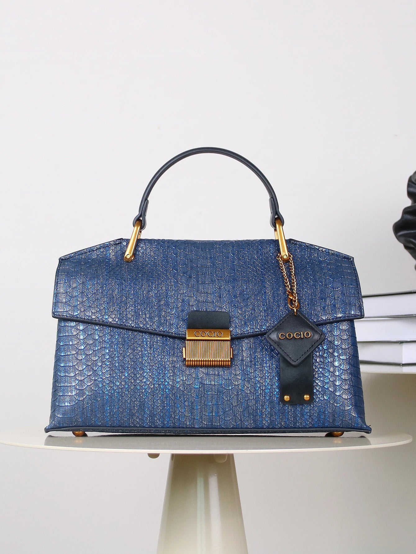 Lightweight PU Leather Serpentine Handbag — Blue | KIMLUD