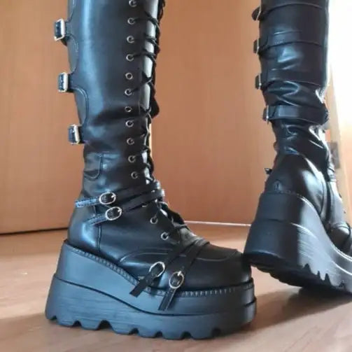Over-the-Knee Boots – Gothic Wedge Platform – PU | KIMLUD