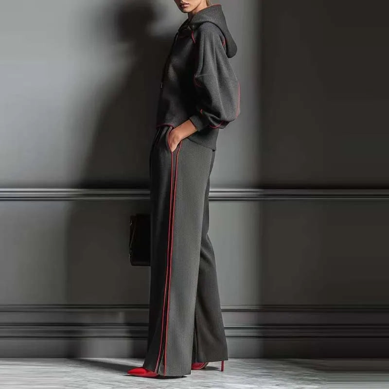 Hooded Sweatshirt Set Wide-Leg Pants — Charcoal Grey | KIMLUD