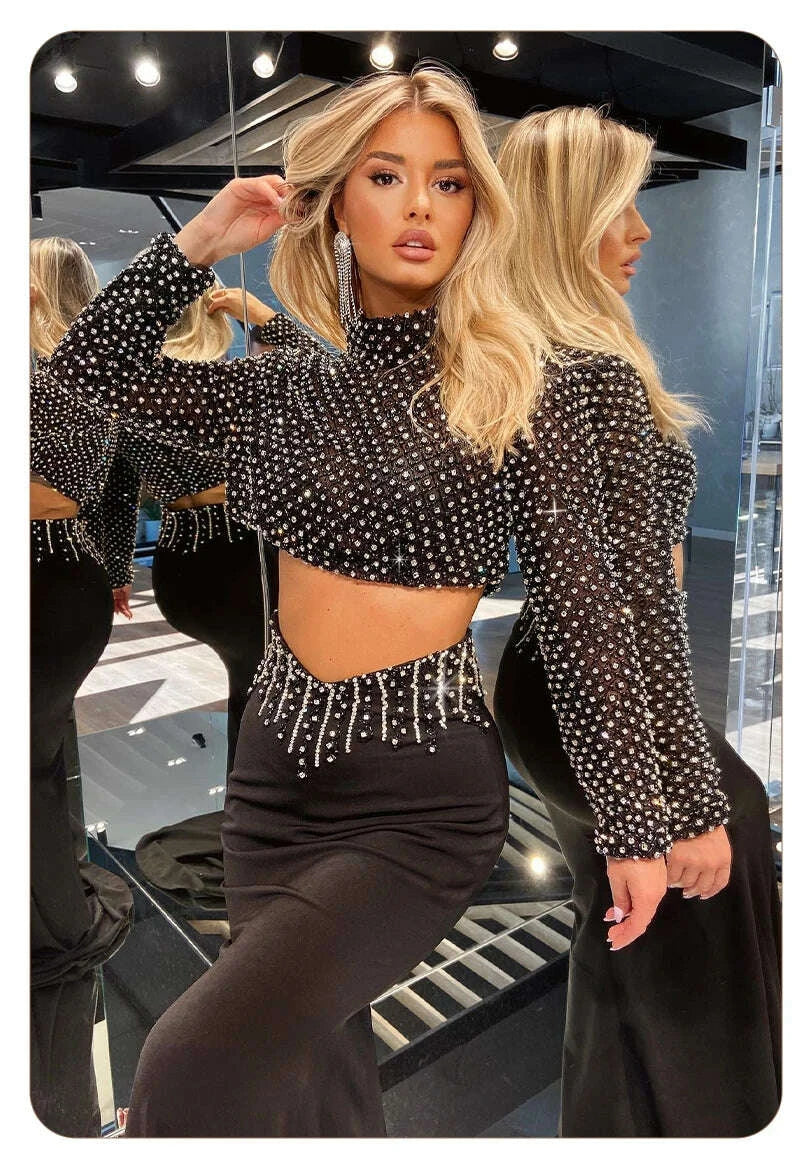 KIMLUD, VC Glam Black Long Sleeves Beaded Crop Top & Mermaid Skirt Two Pieces Dress Set for Evening Glamour Gown, KIMLUD Womens Clothes