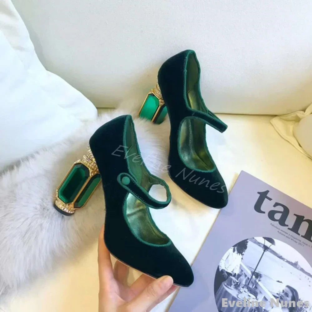 Sculpted Velvet T-Strap Crystal Heels — Emerald | KIMLUD