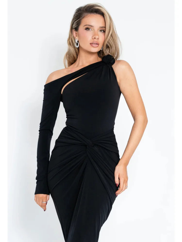 Bodycon Hollow-Out Dress Single-Sleeve — Red | KIMLUD