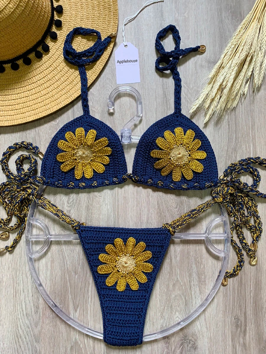 Crochet Bikini Set With Gold Floral Appliqués — Navy | KIMLUD