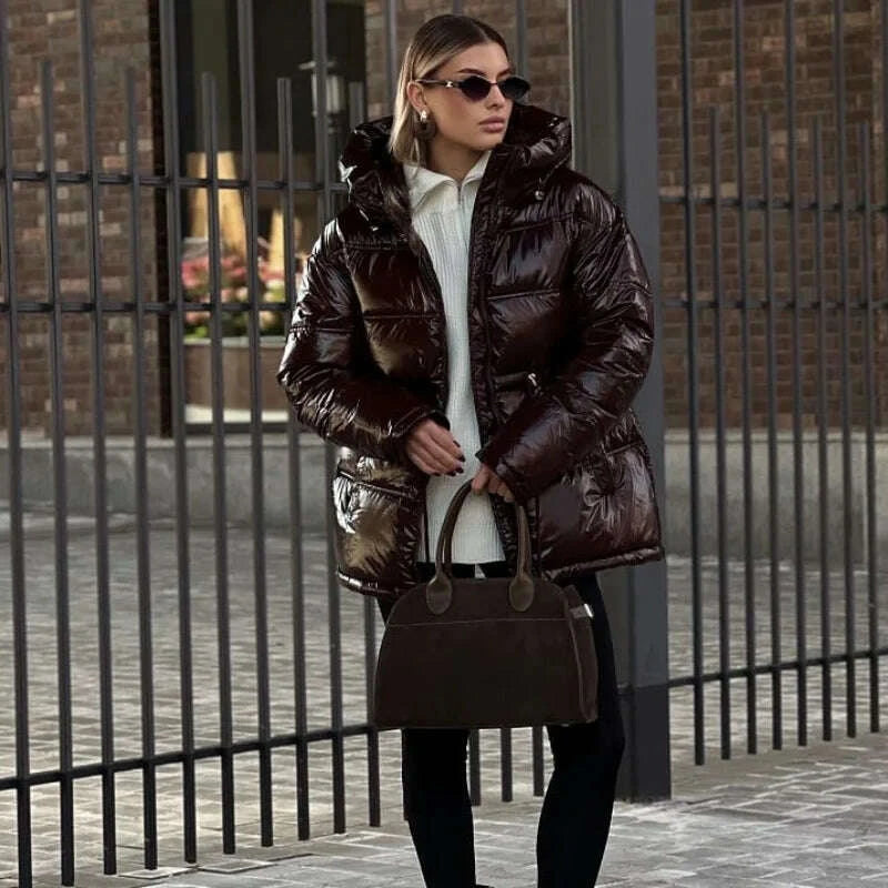 KIMLUD, Casual Shiny Hooded Cotton Jackets Women Stand Collar Zipper Drawstring Waist Solid Coat 2025 Winter Lady Chic Warm Outwears New, KIMLUD Womens Clothes