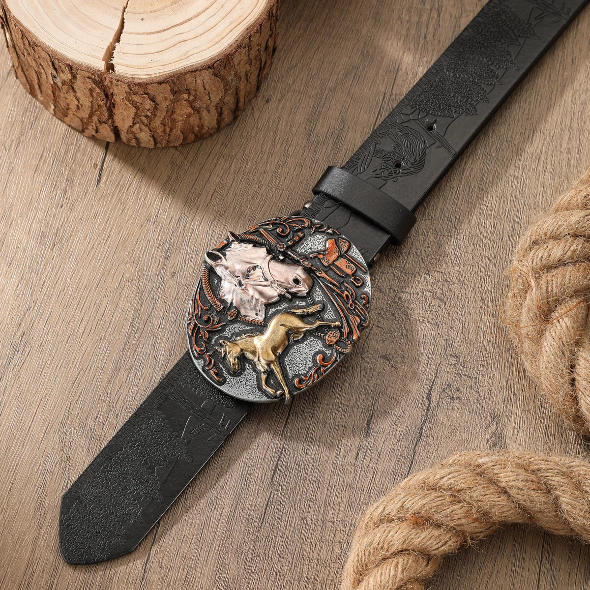 Retro Western PU Embossed Buckle Belt — Brown | KIMLUD