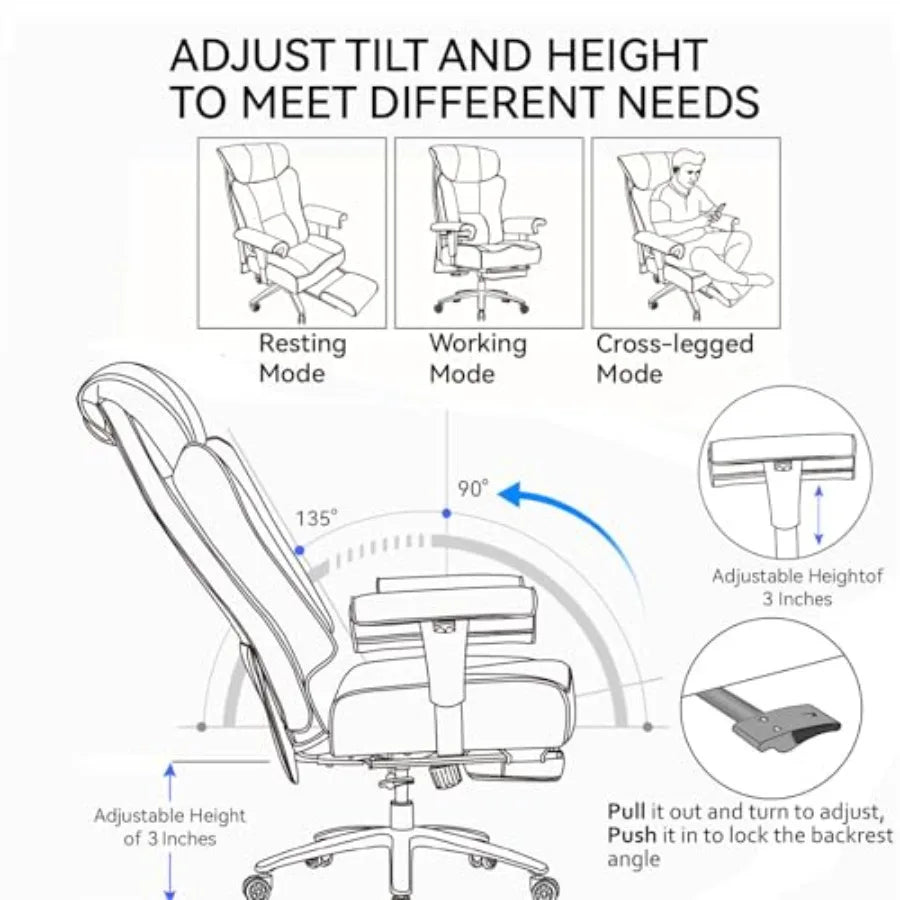 Ergonomic Office Chair 450LBS with Foot Rest High Back PU Leather Big and Tall Executive Chair with Adjustable Padded Armrests