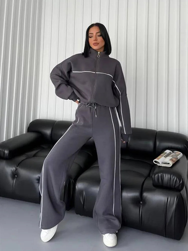 Two-Piece Tracksuit Cardigan Sweater And Trousers — Navy | KIMLUD