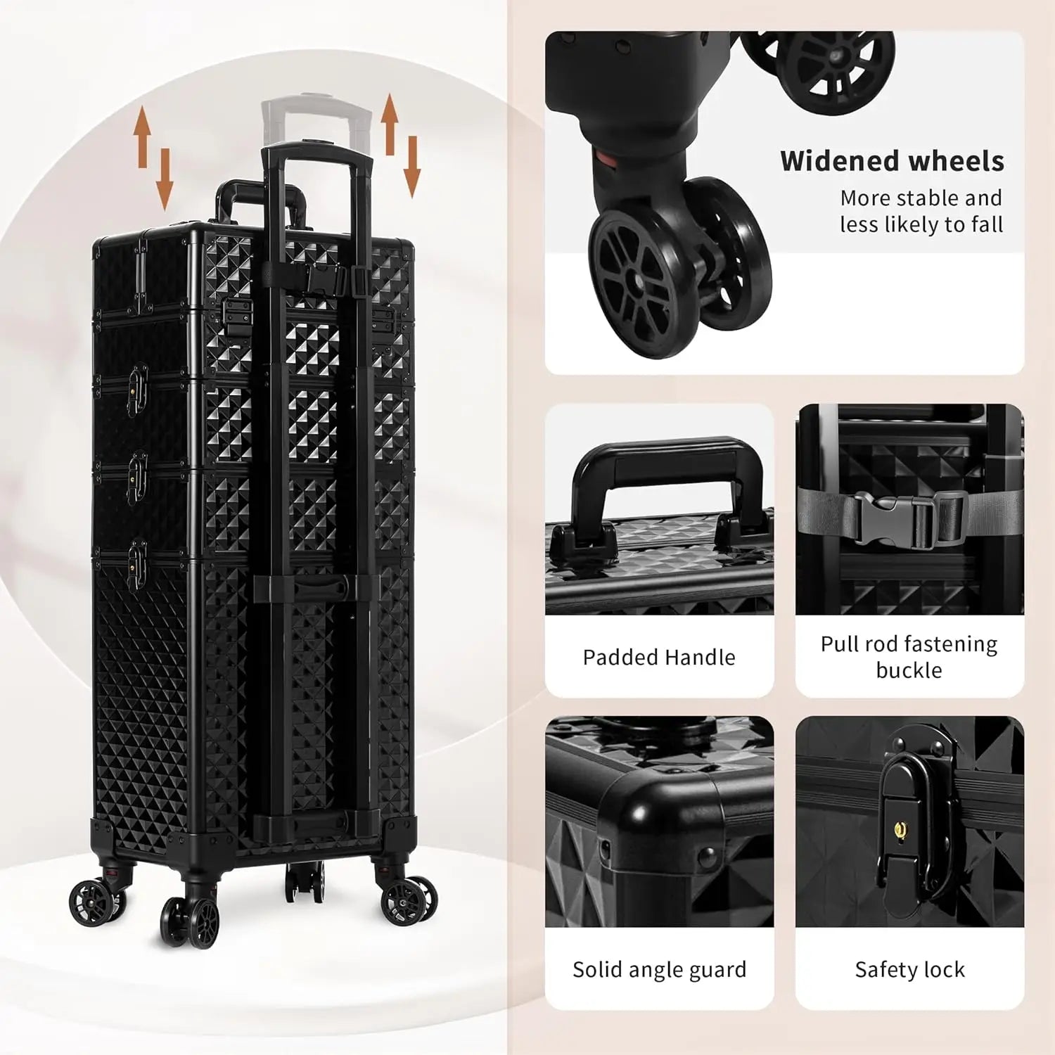 Rolling Plastic Travel Suitcases 4-In-1 Cosmetology Case Wheels — Black | KIMLUD