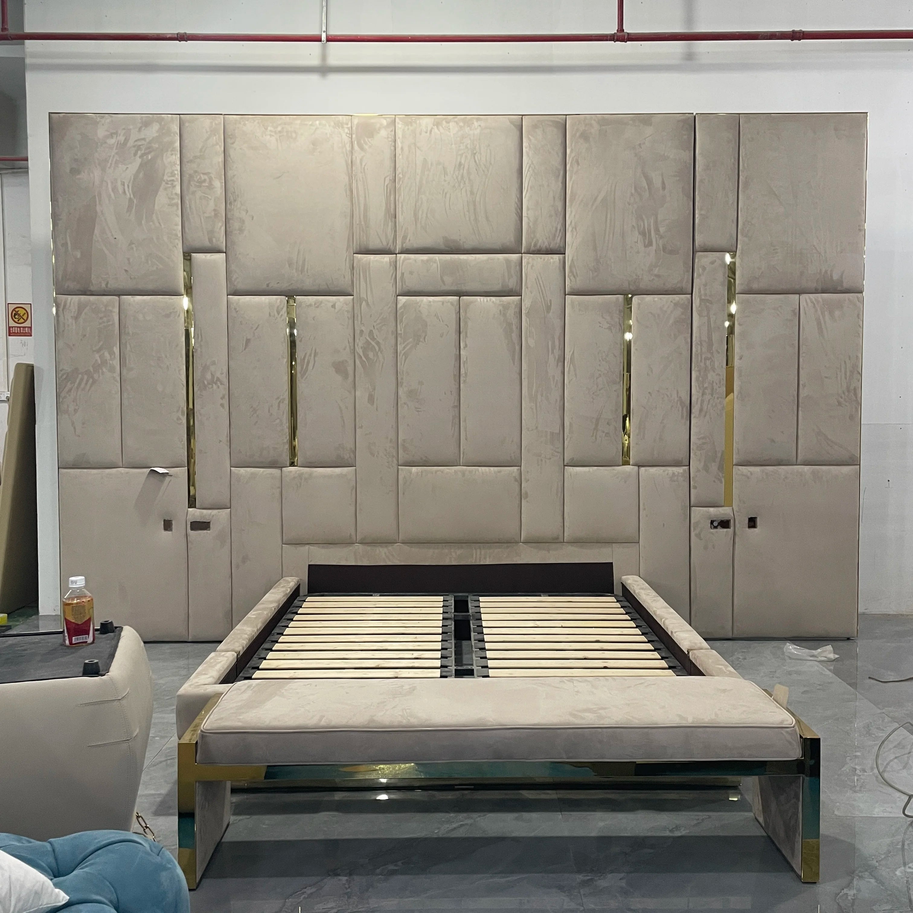 Leather King Size Bed With Tall Headboard — Ivory | KIMLUD