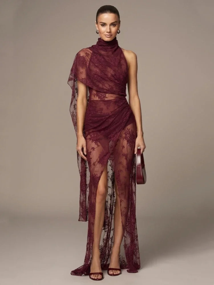 Dress – Backless High Neck Lace Dress – Polyester – Burgundy | KIMLUD