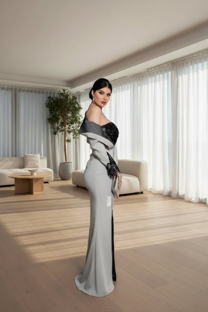 Jersey Evening Dress Beaded Square Collar Long Sleeves — Soft Dove Grey | KIMLUD