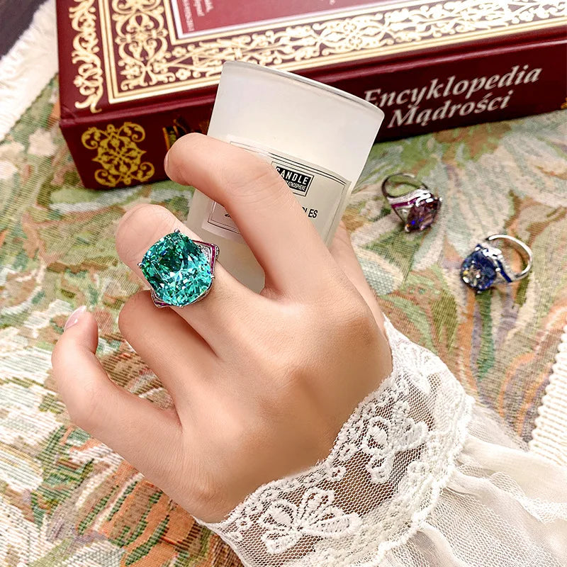 Copper Electroplated Gold Jewelry Imitation Gemstone Long Rectangular Luxury Inlaid Light Luxury Wedding Ring for Women14*16