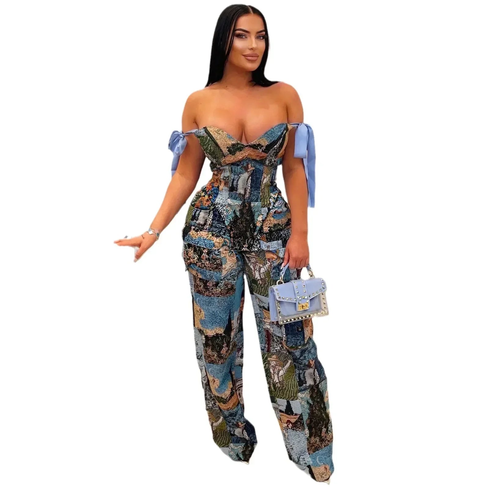 Oil Painting Print Knit Two Piece Set With Lace Up Back Crop Top — Blue | KIMLUD