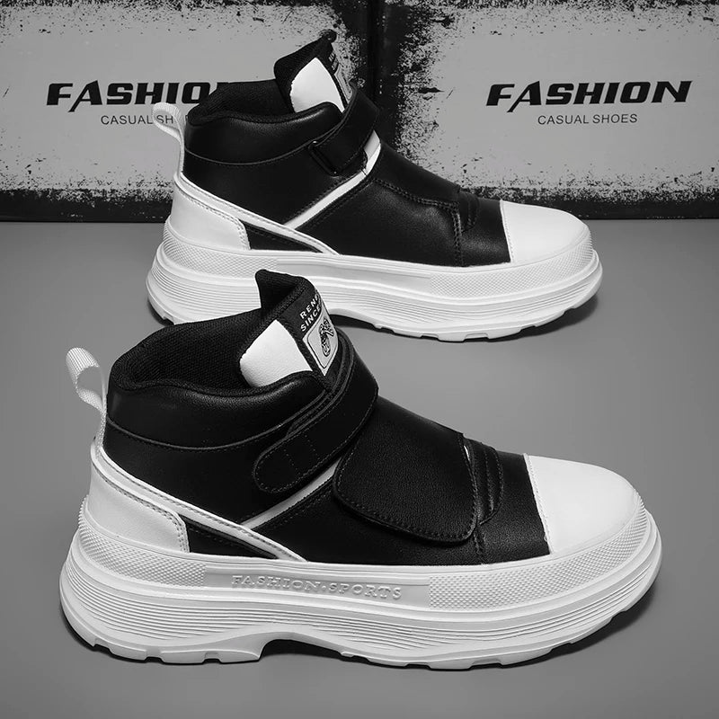Autumn Men Casual Sneakers Leather Chunky Platform High-top Shoes Ankle Boots Magic Tape Sneakers Male Breathable Sport Shoes 44