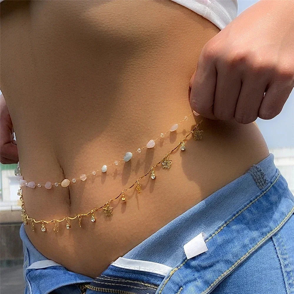 Gold-Tone Double-Layer Belly Chain With Colorful Stones — Multicolor | KIMLUD