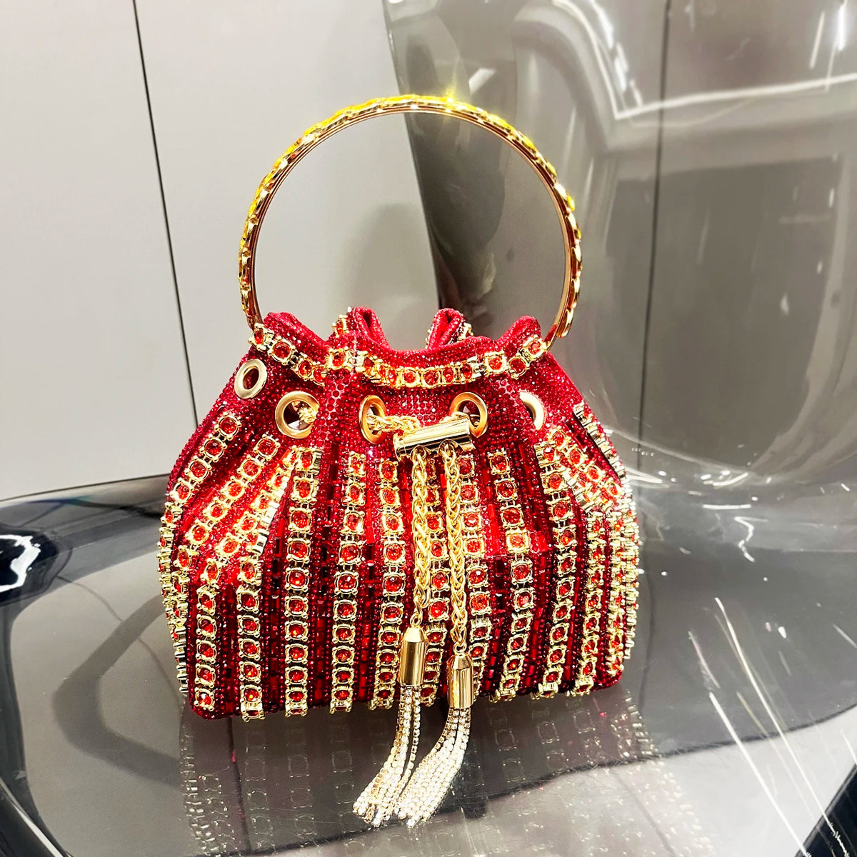 Bucket Bag – Crystal Rhinestone Accent – Polyester | KIMLUD
