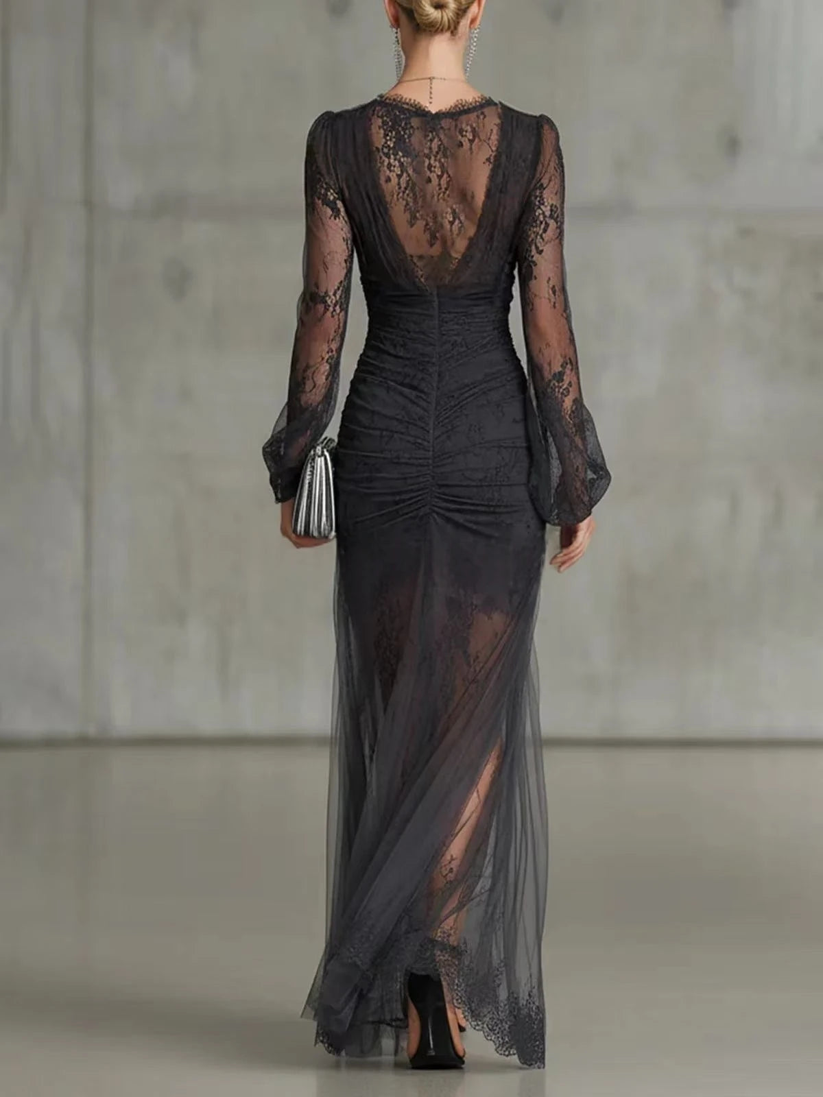 Dresses A Line Mermaid Silhouette Dresses Lace V Neck Sleeves — Black | KIMLUD