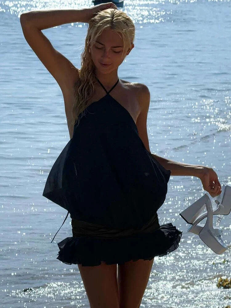 KIMLUD, VC Edgy Black Halter Sleeveless Mini Dress Gown with Open Back for Trendy Parties, KIMLUD Womens Clothes