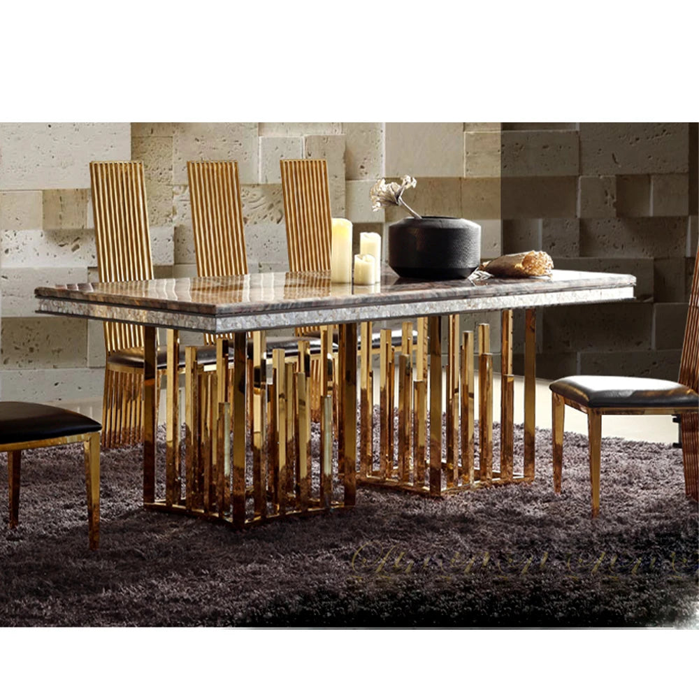 Marble Dining Table Set With Gold Frame — Gold | KIMLUD