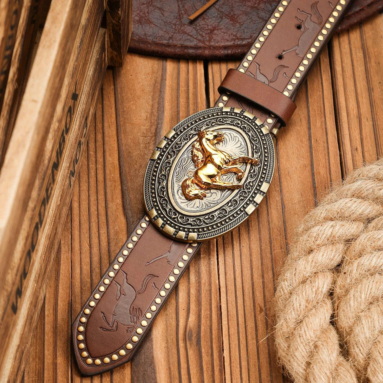KIMLUD, A Western-buckle PU belt suitable for both men and women, a unique and retro brown belt (with perforated nails included), KIMLUD Womens Clothes